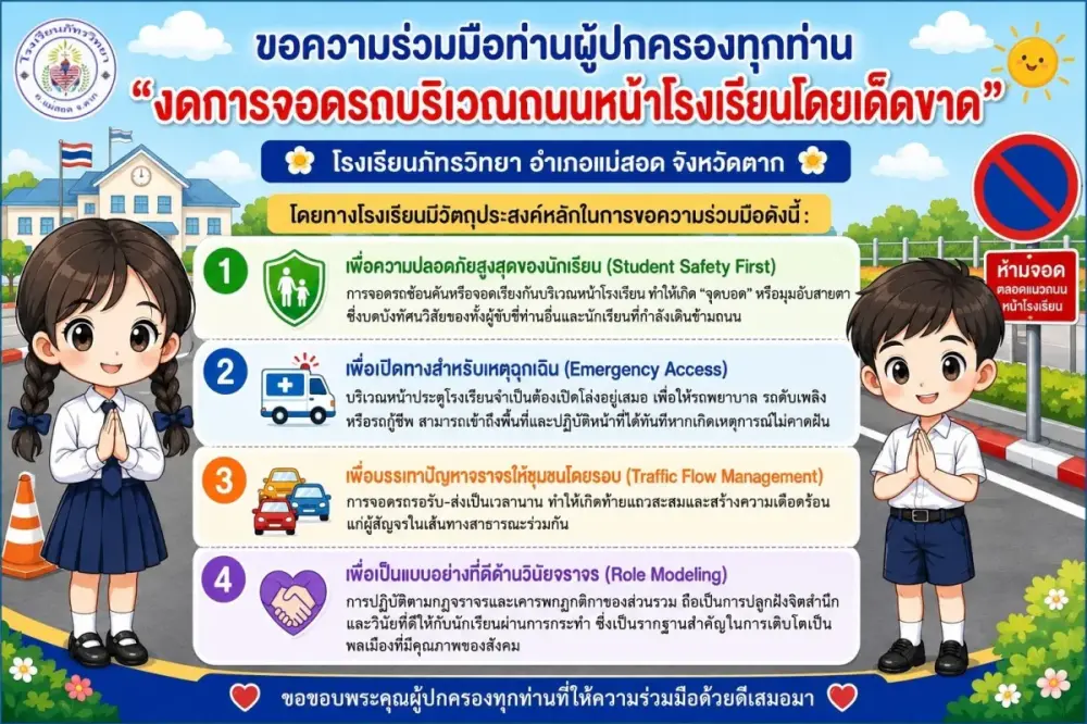 📢ขอความร่วมมือท่านผู้ปกครองทุกท่าน "งดการจอดรถบริเวณถนนหน้าโรงเรียนโดยเด็ดขาด"