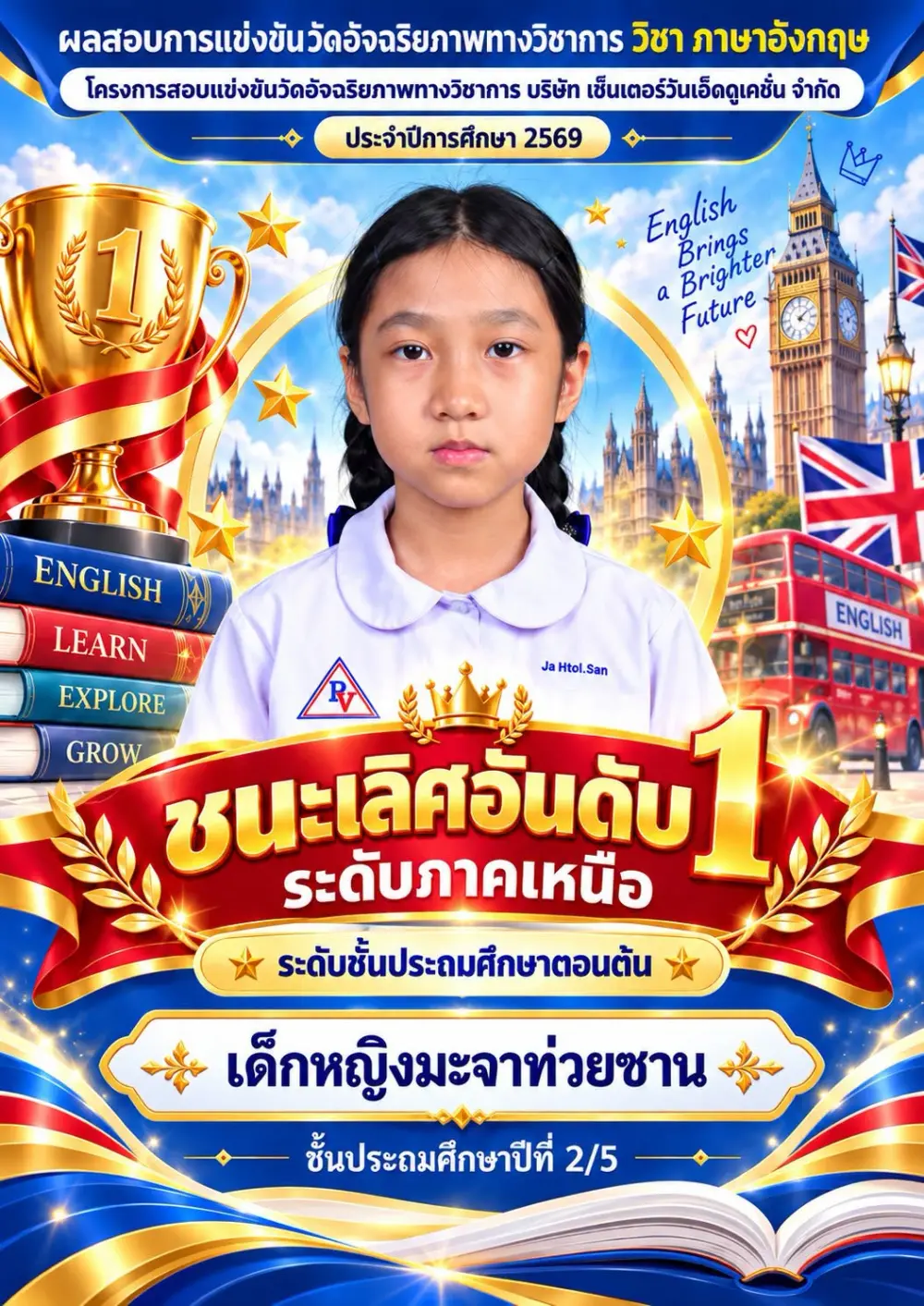 ขอแสดงความยินดีกับนักเรียนที่ได้รับรางวัลจากการสอบ แข่งขันวัดอัจฉริยภาพทางวิชาการ วิชาภาษาอังกฤษ ใน โครงการสอบแข่งขันวัดอัจฉริยภาพทางวิชาการ บริษัท เซ็นเตอร์วัน เอ็ดดูเคชั่น จำกัด ประจำปีการศึกษา 2569